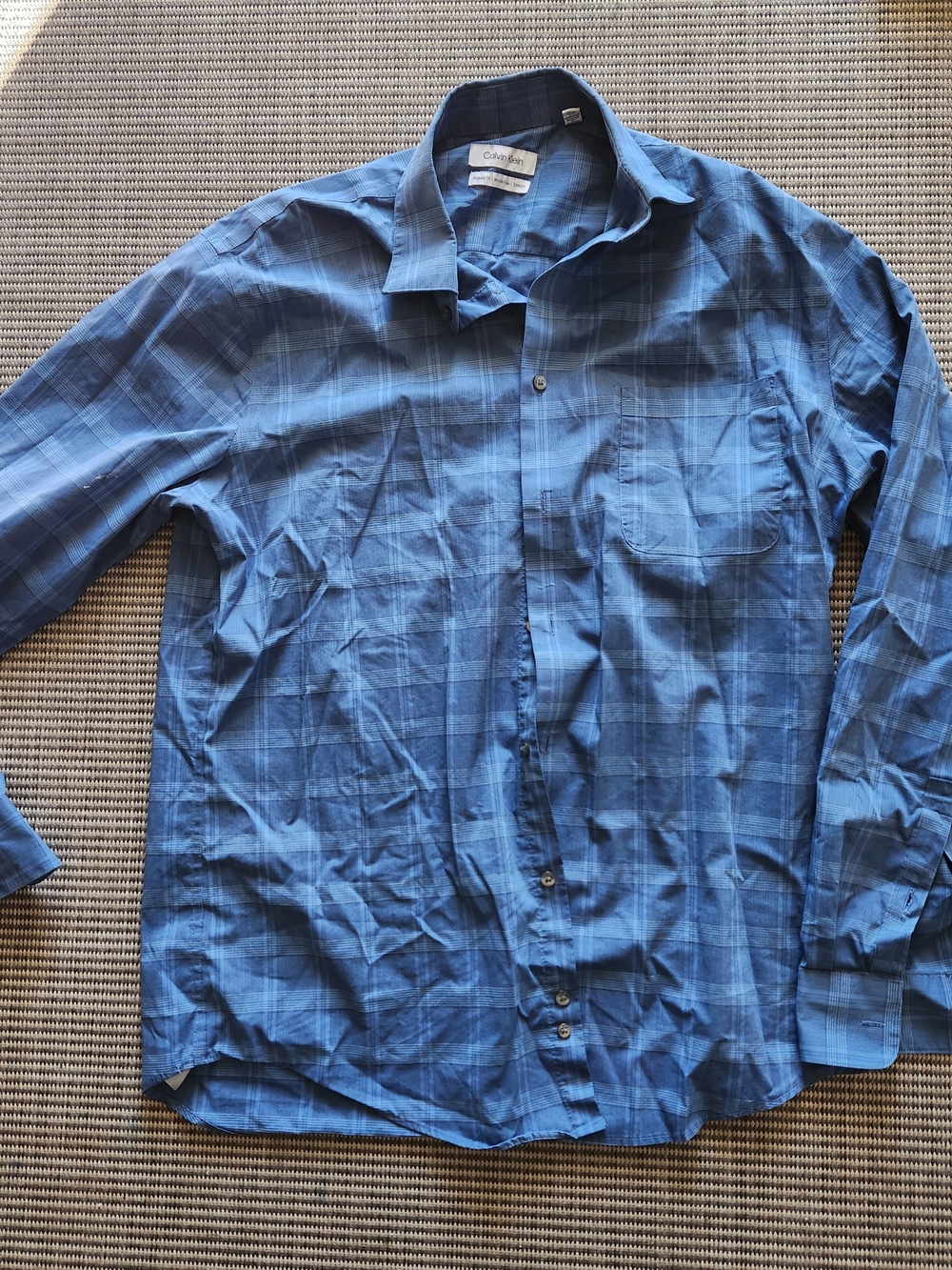 Calvin Klein Blue Plaid Shirt Medium Regular Fit Wrinkle Free Stretch